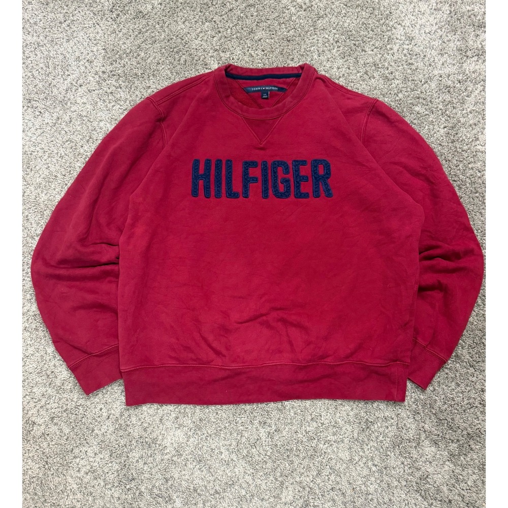 Tommy Hilfiger Mens Red Chenille Logo Crewneck Sweatshirt Large Pullover Fleece